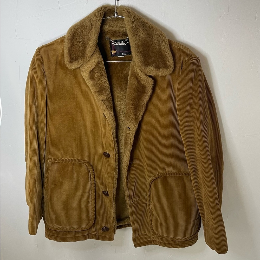 Vintage 70s Corduroy Faux Fur Sherpa Lined Towncraft Rancher Coat Jacket - Picture 1 of 16